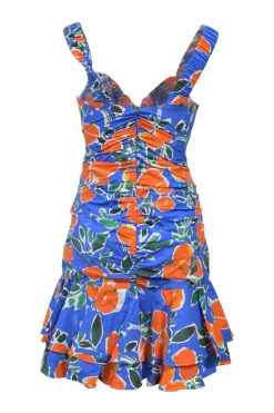 Blue ruched cotton-blend painterly clementine print Havana drop-waist bustier mini dress with elasticated straps and tier ruffle skirt