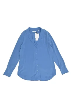 Blue sand-washed silk notch spread collar button-front shirt