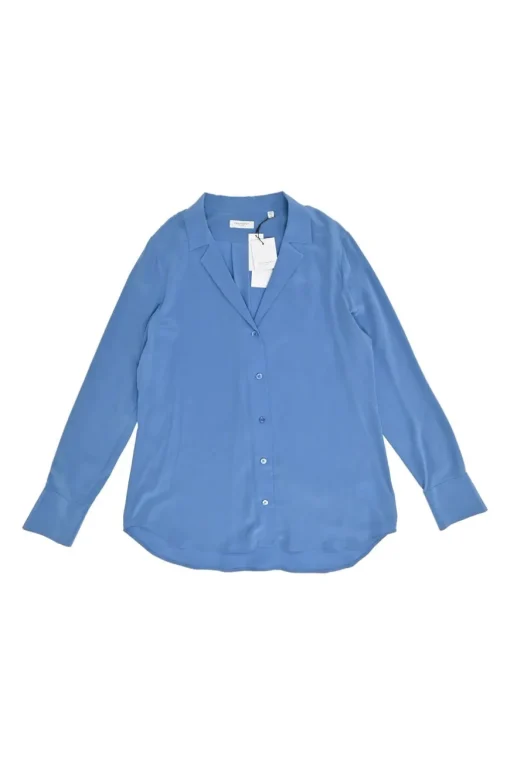 Blue sand-washed silk notch spread collar button-front shirt