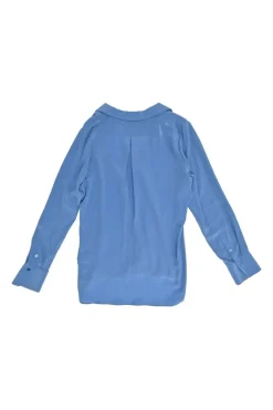 Blue sand-washed silk notch spread collar button-front shirt