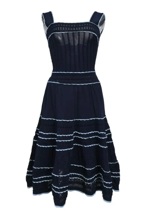 Blue scalloped viscose-blend pointelle knit square neck tiered sun dress