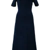 Blue scalloped viscose-blend 3D knit half-sleeve midi A-line dress