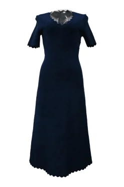 Blue scalloped viscose-blend 3D knit half-sleeve midi A-line dress
