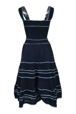 Blue scalloped viscose-blend pointelle knit square neck tiered sun dress
