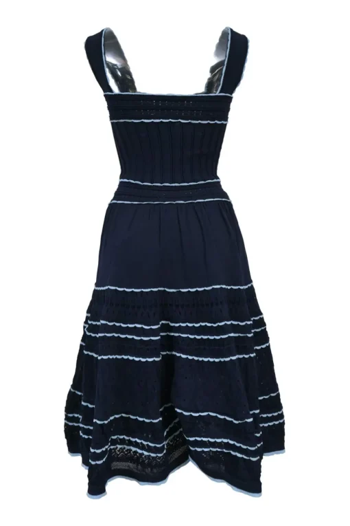 Blue scalloped viscose-blend pointelle knit square neck tiered sun dress