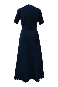 Blue scalloped viscose-blend 3D knit half-sleeve midi A-line dress
