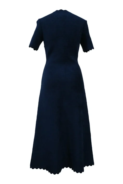 Blue scalloped viscose-blend 3D knit half-sleeve midi A-line dress
