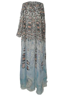 Blue semi-sheer abstract butterfly print abaya-style kaftan