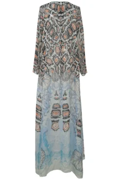 Blue semi-sheer abstract butterfly print abaya-style kaftan