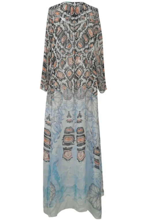 Blue semi-sheer abstract butterfly print abaya-style kaftan
