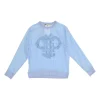 Blue semi-sheer cotton logo broderie Anglaise pullover top with contrasting rib collar, cuffs and hem