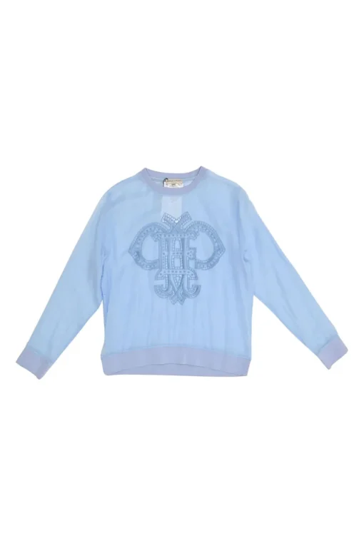 Blue semi-sheer cotton logo broderie Anglaise pullover top with contrasting rib collar, cuffs and hem