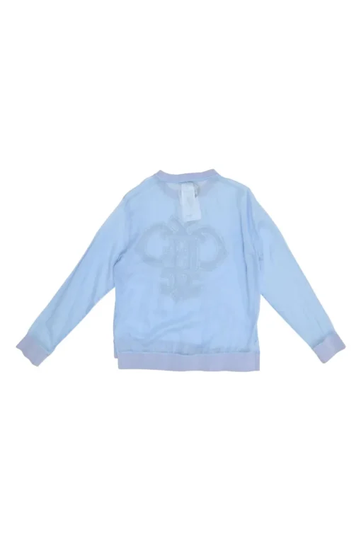 Blue semi-sheer cotton logo broderie Anglaise pullover top with contrasting rib collar, cuffs and hem