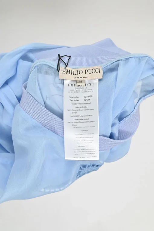 Blue semi-sheer cotton logo broderie Anglaise pullover top with contrasting rib collar, cuffs and hem