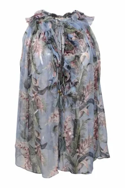Blue semi-sheer crinkle silk floral print georgette tie neck keyhole-front sleeveless blouse featuring frill-trim detailing