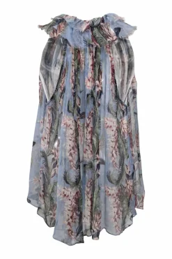 Blue semi-sheer crinkle silk floral print georgette tie neck keyhole-front sleeveless blouse featuring frill-trim detailing