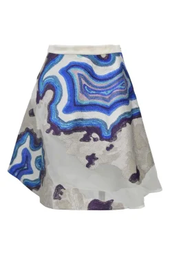 Blue semi-sheer embroidered polyester organza peek-a-boo A-line skirt featuring abstract geode broderie motif