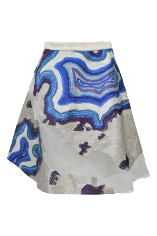 Blue semi-sheer embroidered polyester organza peek-a-boo A-line skirt featuring abstract geode broderie motif