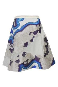 Blue semi-sheer embroidered polyester organza peek-a-boo A-line skirt featuring abstract geode broderie motif