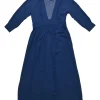 Blue semi-sheer silk plunge neck long sleeve A-line midi dress