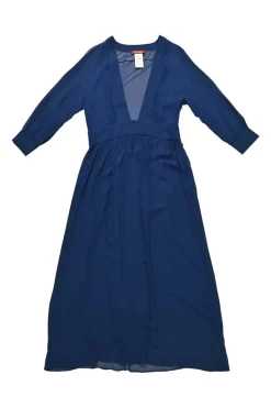 Blue semi-sheer silk plunge neck long sleeve A-line midi dress