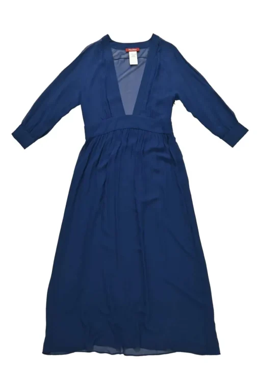 Blue semi-sheer silk plunge neck long sleeve A-line midi dress