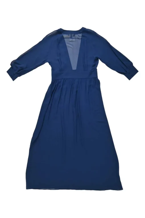 Blue semi-sheer silk plunge neck long sleeve A-line midi dress