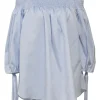 Blue shirred cotton poplin Lou off-shoulder swing-style top with ribbon-tie balloon sleeves