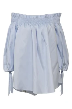 Blue shirred cotton poplin Lou off-shoulder swing-style top with ribbon-tie balloon sleeves