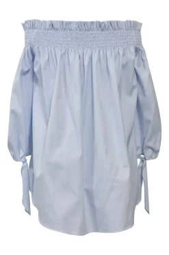 Blue shirred cotton poplin Lou off-shoulder swing-style top with ribbon-tie balloon sleeves