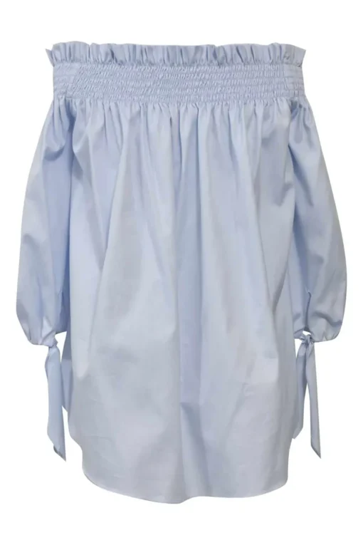 Blue shirred cotton poplin Lou off-shoulder swing-style top with ribbon-tie balloon sleeves