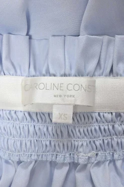 Blue shirred cotton poplin Lou off-shoulder swing-style top with ribbon-tie balloon sleeves