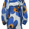 Blue silk abstract floral print bustier mini dress with portrait back and oversized gathered blouson sleeves