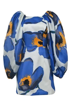 Blue silk abstract floral print bustier mini dress with portrait back and oversized gathered blouson sleeves