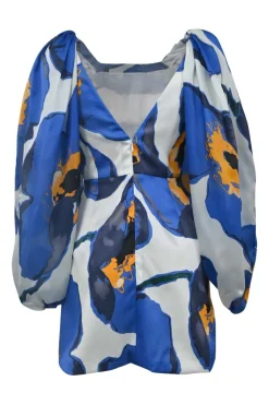 Blue silk abstract floral print bustier mini dress with portrait back and oversized gathered blouson sleeves