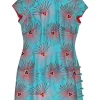 Blue silk abstract jacquard cap sleeve Qipao mini dress with frog button-embellished side seam