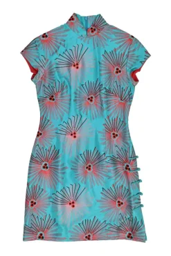 Blue silk abstract jacquard cap sleeve Qipao mini dress with frog button-embellished side seam