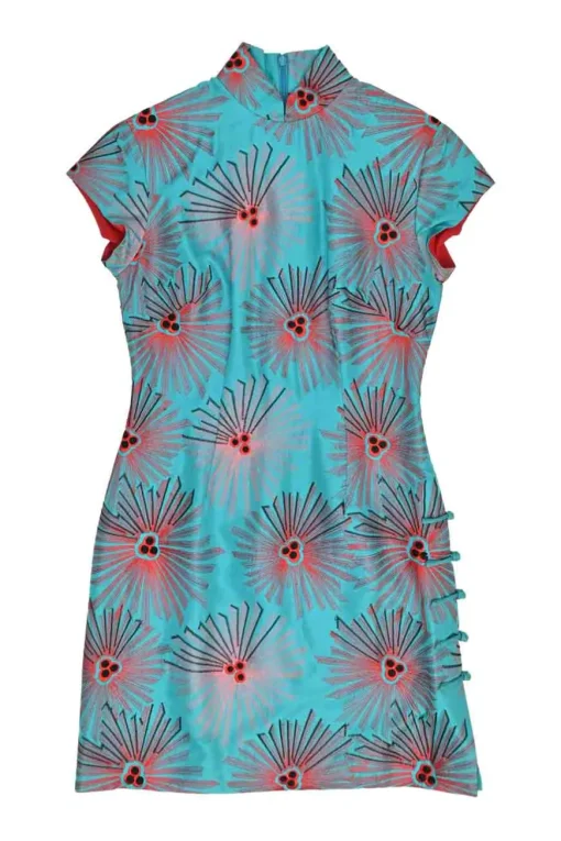 Blue silk abstract jacquard cap sleeve Qipao mini dress with frog button-embellished side seam