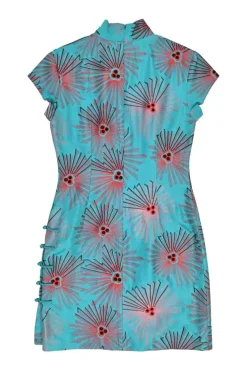 Blue silk abstract jacquard cap sleeve Qipao mini dress with frog button-embellished side seam
