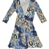 Blue silk abstract leopard print jersey wrap mini A-line dress with self-tie fastening at waist