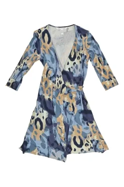 Blue silk abstract leopard print jersey wrap mini A-line dress with self-tie fastening at waist