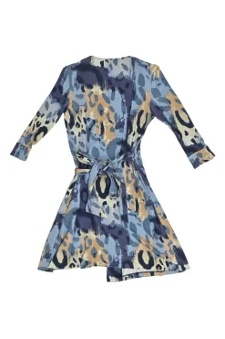 Blue silk abstract leopard print jersey wrap mini A-line dress with self-tie fastening at waist