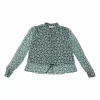Blue silk abstract print point collar swing-style bubble shirt with drawstring hem