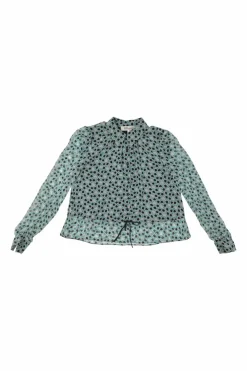 Blue silk abstract print point collar swing-style bubble shirt with drawstring hem