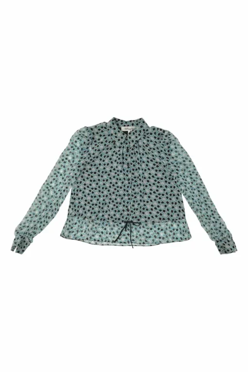 Blue silk abstract print point collar swing-style bubble shirt with drawstring hem