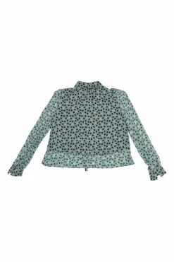 Blue silk abstract print point collar swing-style bubble shirt with drawstring hem