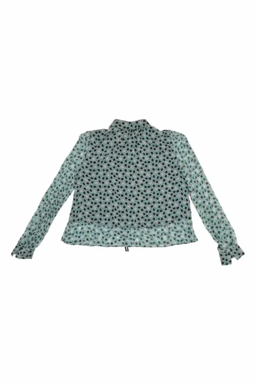 Blue silk abstract print point collar swing-style bubble shirt with drawstring hem
