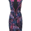Blue silk floral print Mandarin collar sheath dress with fitted bodice and draped tulip skirt