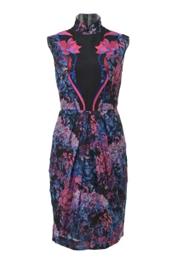 Blue silk floral print Mandarin collar sheath dress with fitted bodice and draped tulip skirt