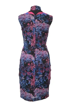 Blue silk floral print Mandarin collar sheath dress with fitted bodice and draped tulip skirt